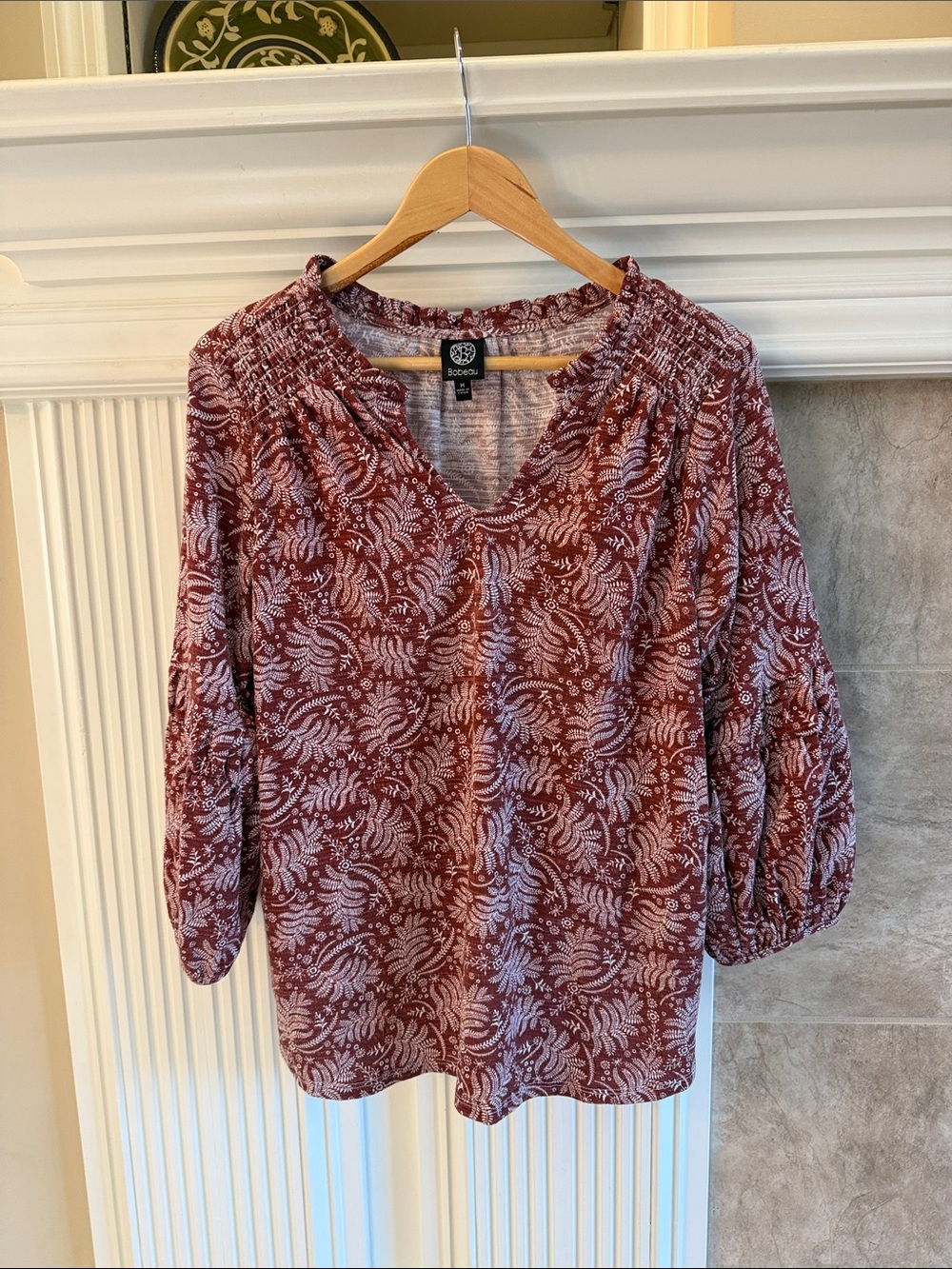 Bobeau Burgundy Floral V-Neck Smocked Blouse